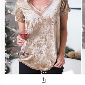 Champagne Crushed Velvet Oversized V-neck Tee